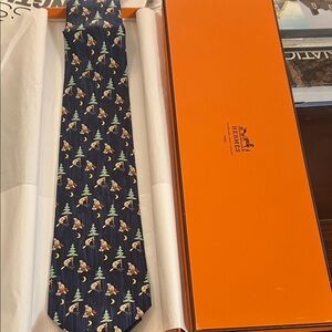 Navy Blue Patterned Hermes tie, Hermes box, never unboxed never tied nor worn